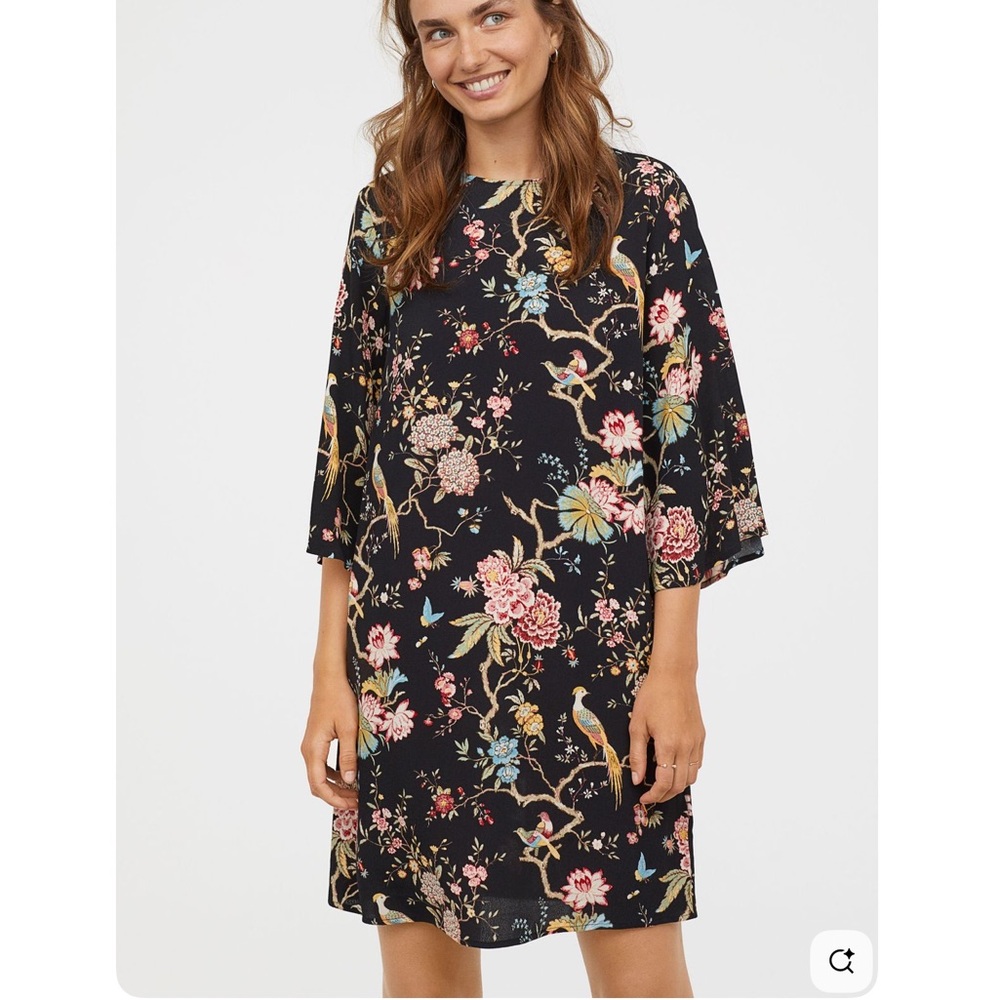 H&M Black Floral Shift Dress with Pink and Blue Accents